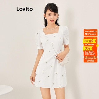 Đầm mini Lovito phong cách thường ngày thêu họa tiết buộc dây tay ngắn dành cho nữ L53AD047 (trắng)
