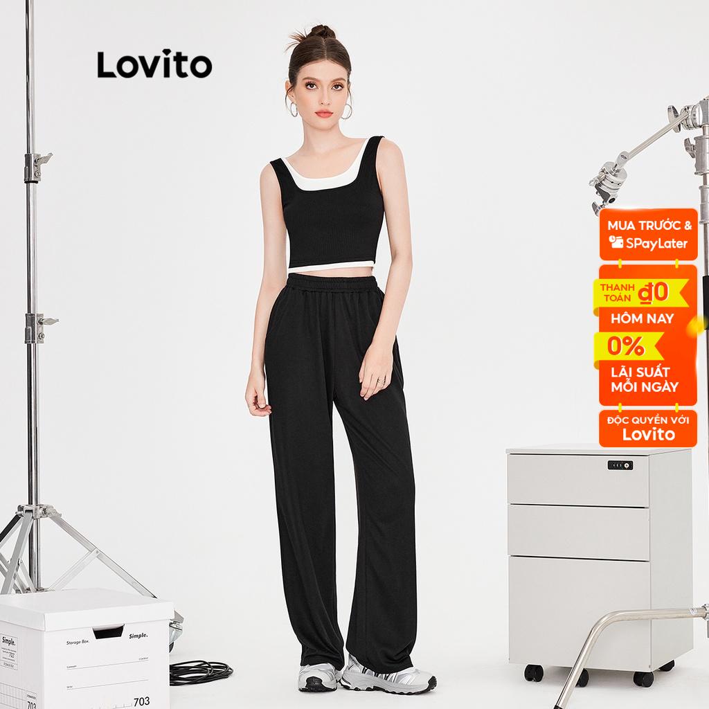 Set quần lưng thun + áo croptop Lovito màu trơn thường ngày cho nữ L51ED151 (màu đen)