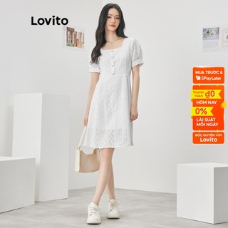 Đầm Lovito màu trơn xếp nếp siết eo nút ngọc trai phong cách thường ngày dành cho nữ L52AD072 (trắng)