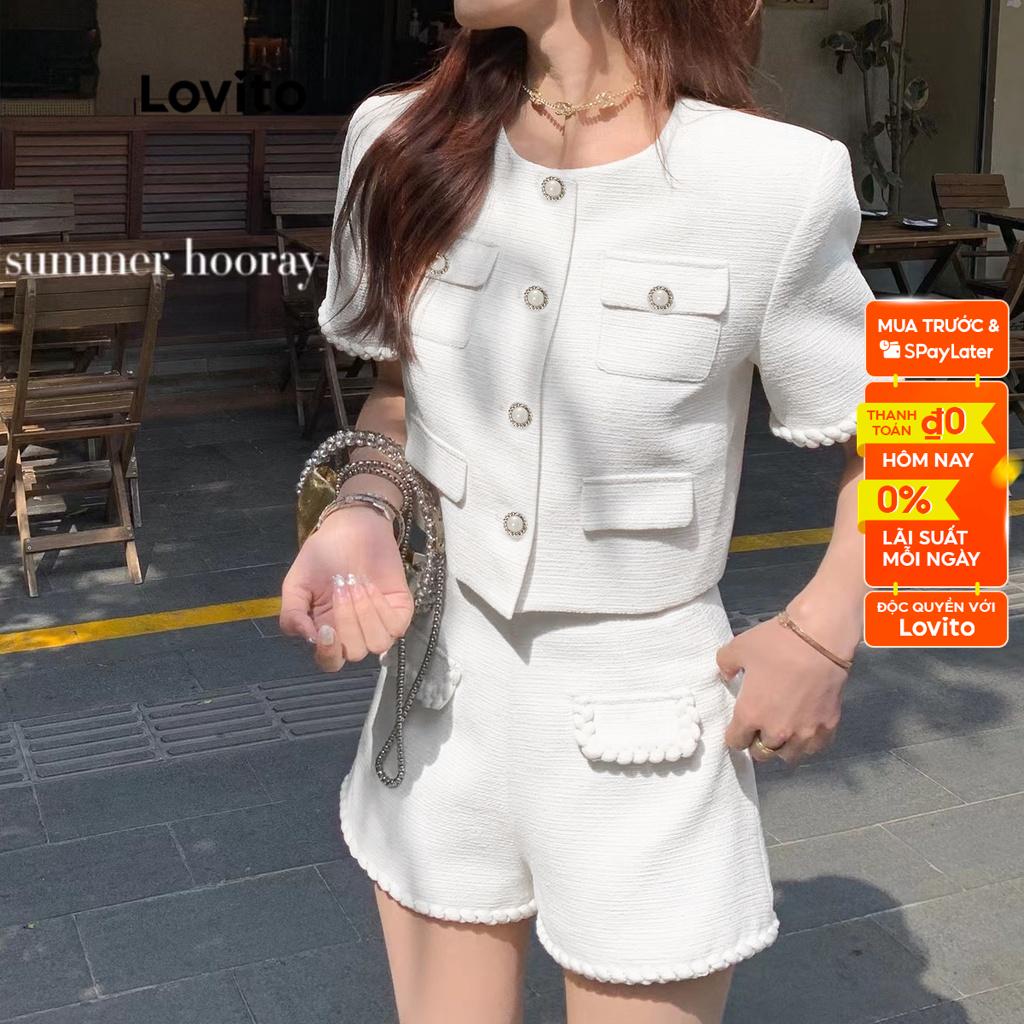 Set đồ Lovito với áo croptop phối nút viền bện cổ tròn tay ngắn và quần short lưng cao cho nữ L53AD053 (Áo/ Quần dài)