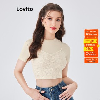 Áo thun Lovito phối ren tương phản xinh xắn cho nữ L54ED034 (kaki sáng)