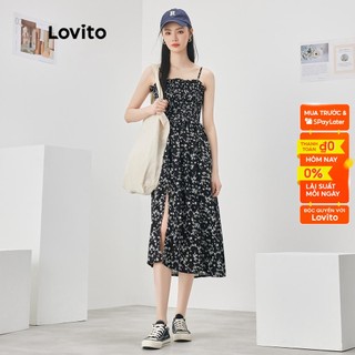 Đầm Lovito vải gân họa tiết hoa viền nhún bèo phong cách dễ thương dành cho nữ L52AD086 (đen)