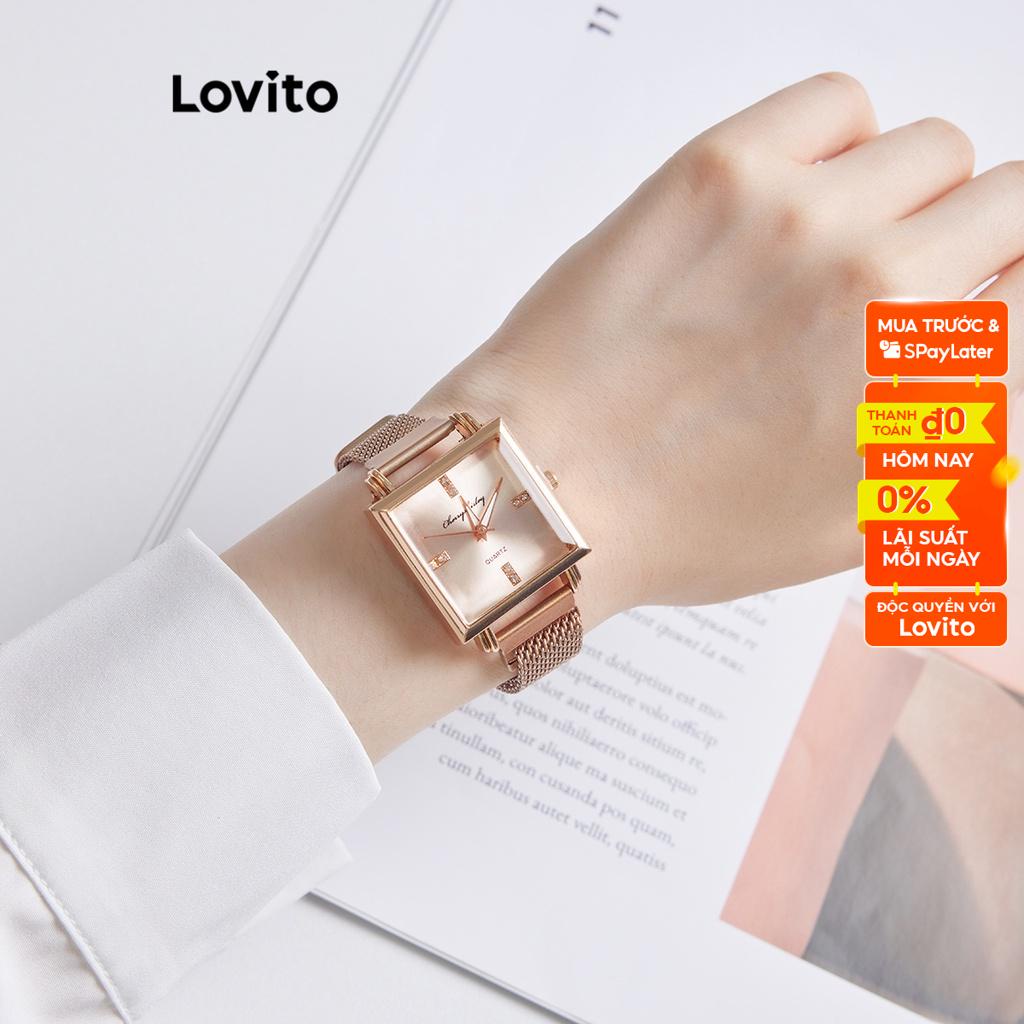 Đồng hồ thạch anh Lovito dây kim loại màu trơn phong cách thường ngày cho nữ L60AD114
