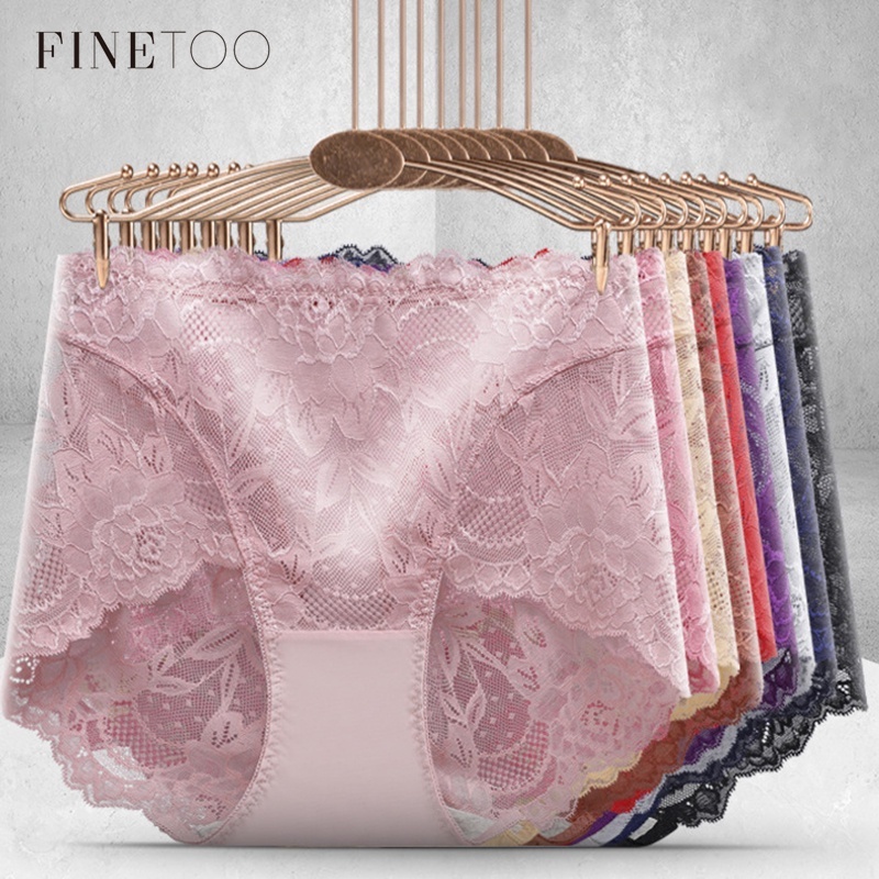 FINETOO Quần Lót Lưng Cao Phối Ren Lưới Thoáng Khí Cho Nữ