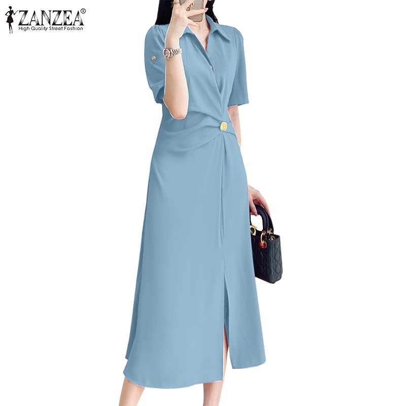 Zanzea Đầm Tay Ngắn Cổ Bẻ Xếp Ly Cài Nút Thời Trang Tinh Tế Cho Nữ