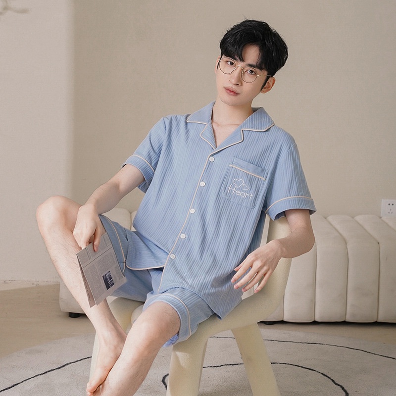 Bộ Đồ Ngủ Vải cotton Mỏng Tay Ngắn Thoáng Khí Thời Trang Xuân Hè Cho Nam
