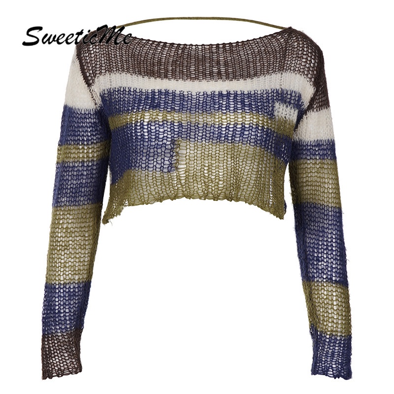 Áo sweater Cổ Tròn Tay Dài Dáng Rộng Họa Tiết Kẻ Sọc Thời Trang 2023 Cho Nữ