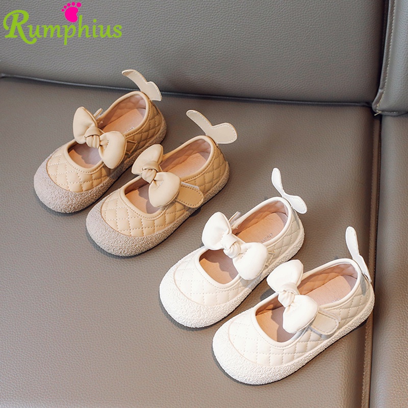 Rumphius Giày Thể Thao Da Đế Bằng Màu Trơn Đính Nơ Chống Mòn Thoải Mái Cho Bé Gái size 21-30