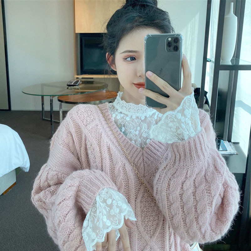 Áo Nữ Tay Dài Phối Ren Lưới Họa Tiết Hoa Thời Trang