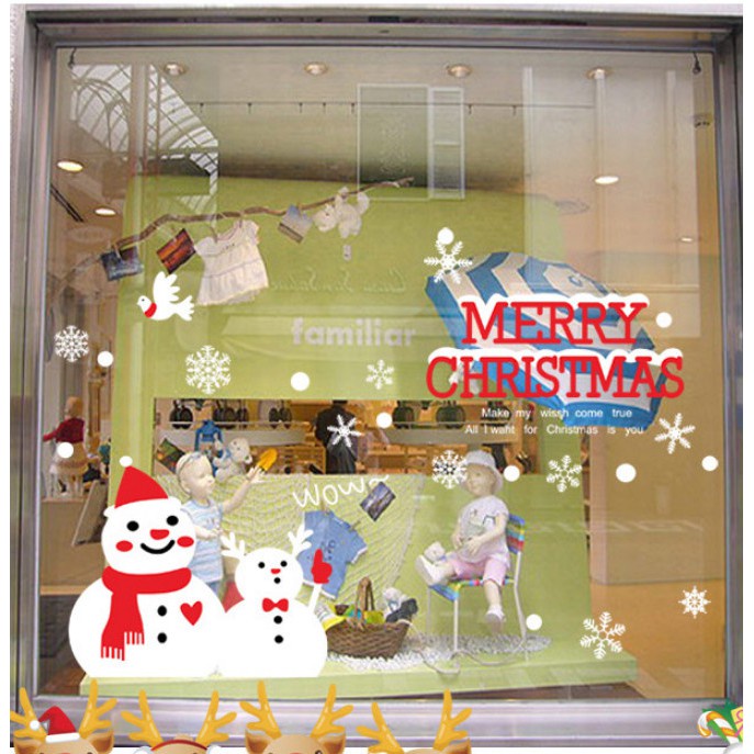 Decal trang trí noel hít tĩnh điện hai mặt không dơ kính Mẫu Hai Người Tuyết Đáng Yêu