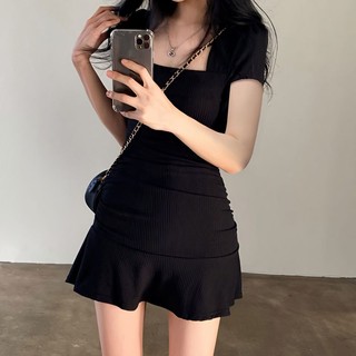Đầm Cổ Vuông Nhún Bèo Dáng Ôm Phong Cách Hàn Quốc Thời Trang Quyến Rũ Cho Nữ