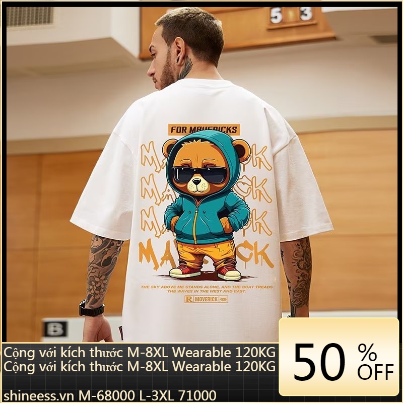 Áo phông nam tay lỡ,Áo Thun Thể Thao Tay Ngắn Cổ Tròn Túi gấu in Cỡ Lớn M-8XL Phong Cách Hàn Quốc Thời Trang Cho Nam