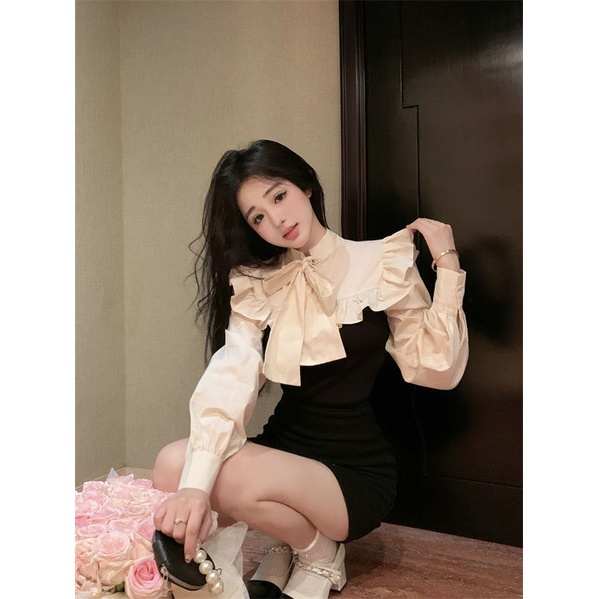 Áo Sơ Mi Tay Dài Phối Bèo Đính Nơ Kiểu Pháp Thời Trang Mùa Xuân Xinh Xắn Cho Nữ