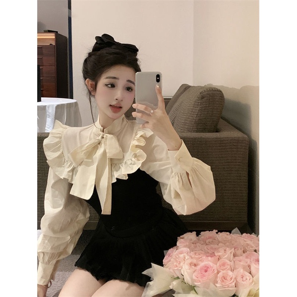 Áo Sơ Mi Tay Dài Phối Bèo Đính Nơ Kiểu Pháp Thời Trang Mùa Xuân Xinh Xắn Cho Nữ