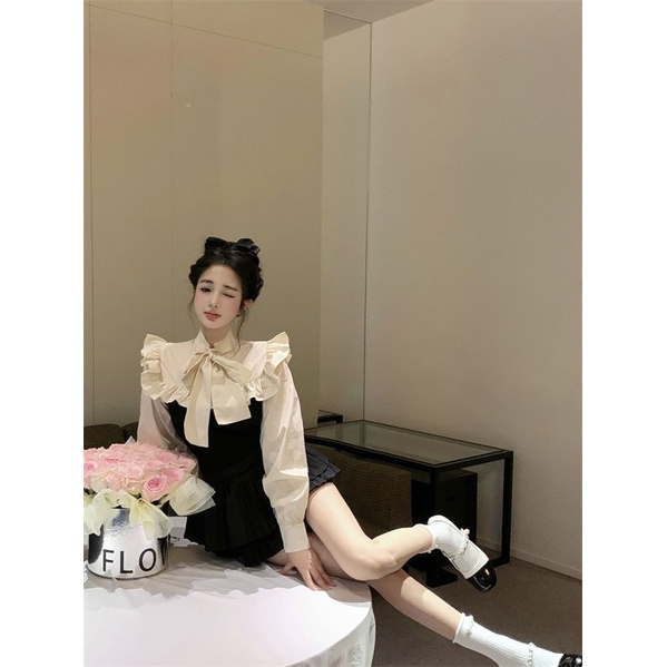 Áo Sơ Mi Tay Dài Phối Bèo Đính Nơ Kiểu Pháp Thời Trang Mùa Xuân Xinh Xắn Cho Nữ