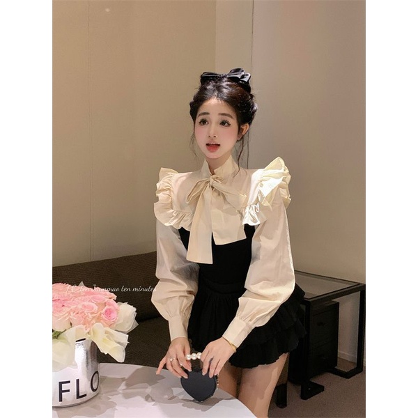Áo Sơ Mi Tay Dài Phối Bèo Đính Nơ Kiểu Pháp Thời Trang Mùa Xuân Xinh Xắn Cho Nữ