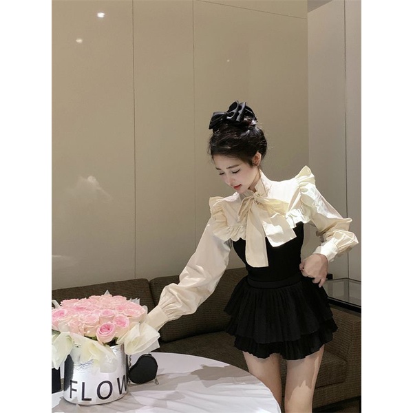 Áo Sơ Mi Tay Dài Phối Bèo Đính Nơ Kiểu Pháp Thời Trang Mùa Xuân Xinh Xắn Cho Nữ