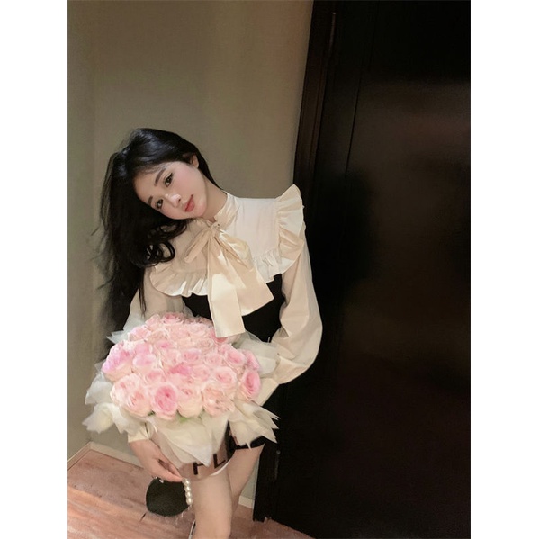 Áo Sơ Mi Tay Dài Phối Bèo Đính Nơ Kiểu Pháp Thời Trang Mùa Xuân Xinh Xắn Cho Nữ