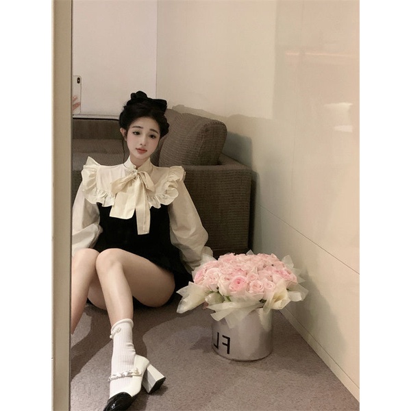 Áo Sơ Mi Tay Dài Phối Bèo Đính Nơ Kiểu Pháp Thời Trang Mùa Xuân Xinh Xắn Cho Nữ