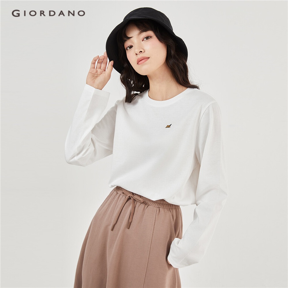 Áo thun cotton GIORDANO 05393783 tay dài in họa tiết động vật cho nữ