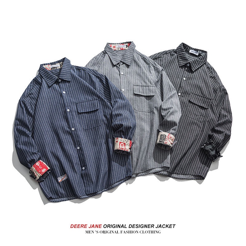 Áo Sơ Mi Nam Dài Tay Dáng Rộng Họa Tiết Sọc Dọc Trẻ Trung