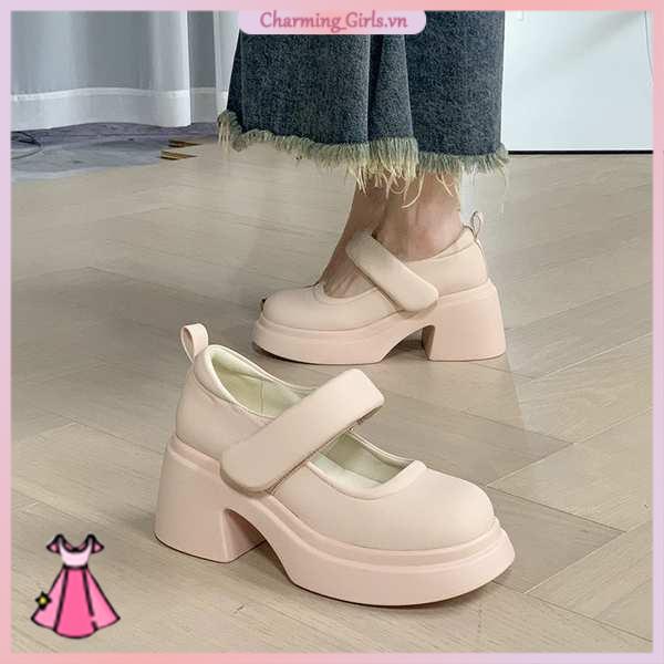 Giày Cao Gót Da Quai Dán Phong Cách Retro Mary Jane Cute