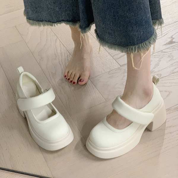 Giày Cao Gót Da Quai Dán Phong Cách Retro Mary Jane Cute