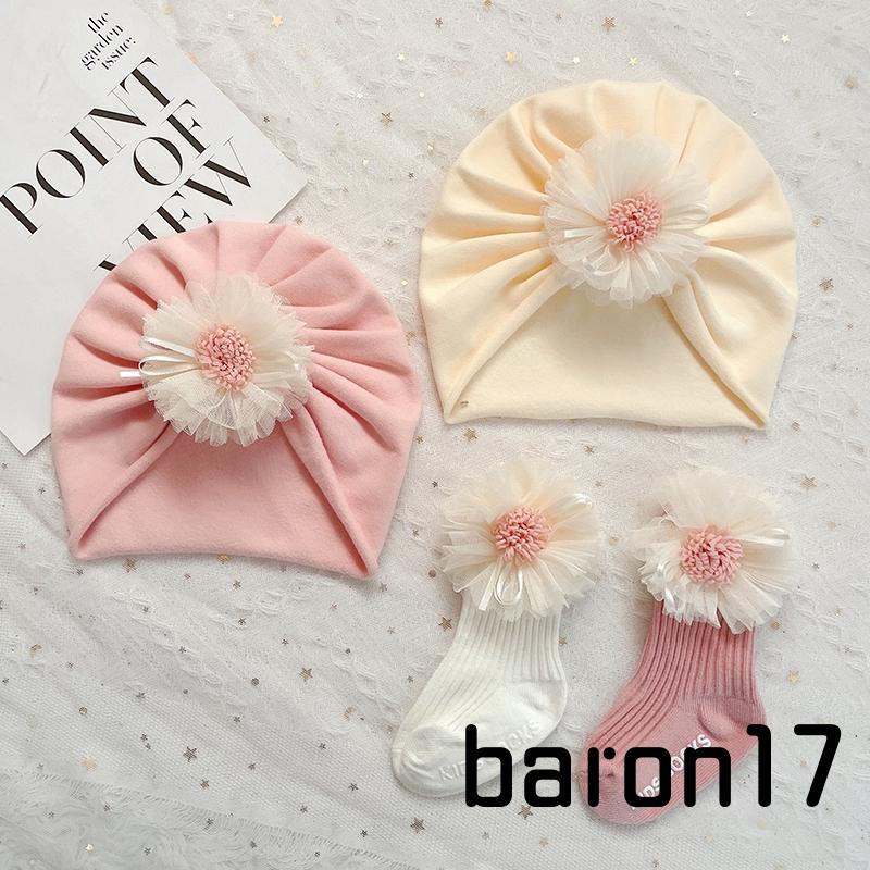 Lpdl-set Tất Ống Ngắn Có Gân Hoa + Mũ turban Màu Be / Hồng Cho Bé Gái