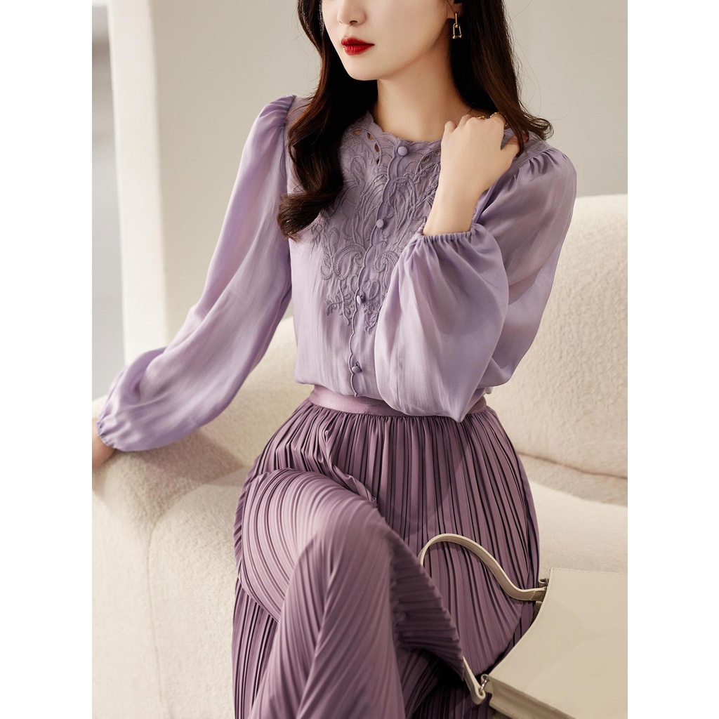 Áo ren hoa đũi lụa dài tay màu tím khói hottrend Xiny D294230