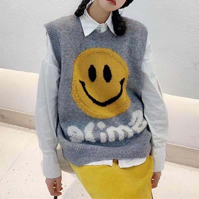 Áo Dệt Kim Sát Nách In Hình Mặt Cười Kiểu Hàn Quốc Dễ Thương