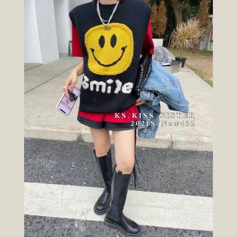 Áo Dệt Kim Sát Nách In Hình Mặt Cười Kiểu Hàn Quốc Dễ Thương