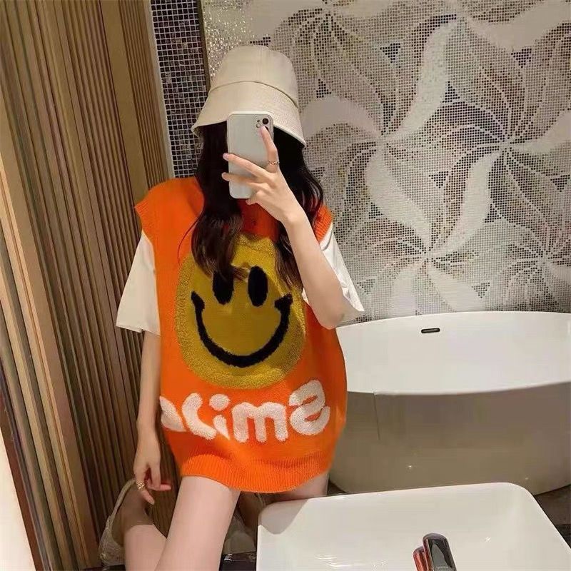 Áo Dệt Kim Sát Nách In Hình Mặt Cười Kiểu Hàn Quốc Dễ Thương