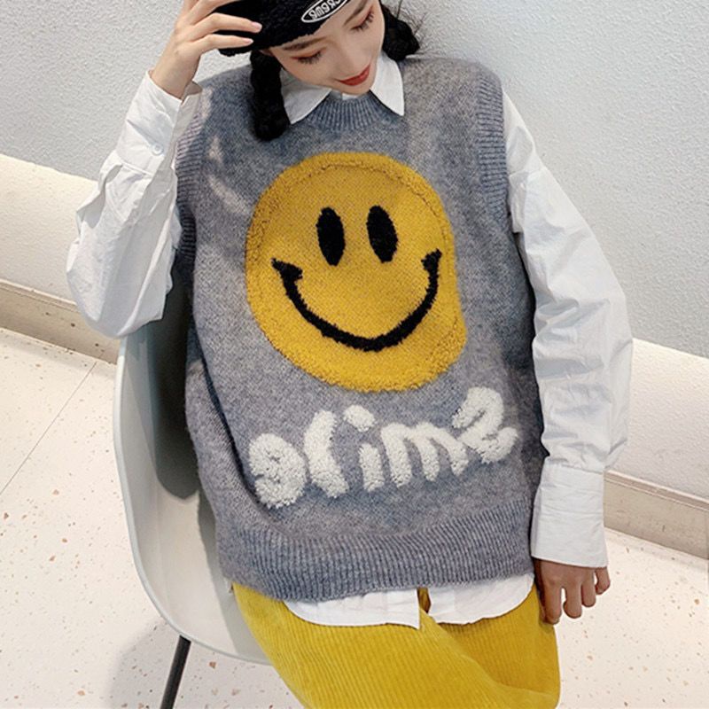 Áo Dệt Kim Sát Nách In Hình Mặt Cười Kiểu Hàn Quốc Dễ Thương