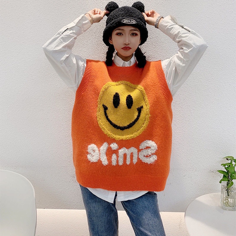 Áo Dệt Kim Sát Nách In Hình Mặt Cười Kiểu Hàn Quốc Dễ Thương