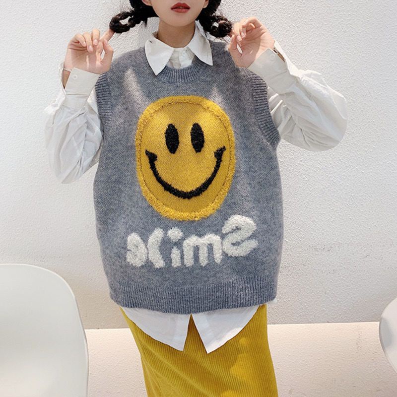 Áo Dệt Kim Sát Nách In Hình Mặt Cười Kiểu Hàn Quốc Dễ Thương