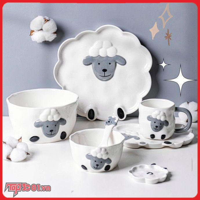 Hình Cừu Nhỏ Dễ Thương Bộ Dao Kéo Hộ Gia Đình Cốc Sứ Bát Đĩa Bộ Thìa Nấu Đĩa Trái Cây Hương Vị Đĩa-top3C01