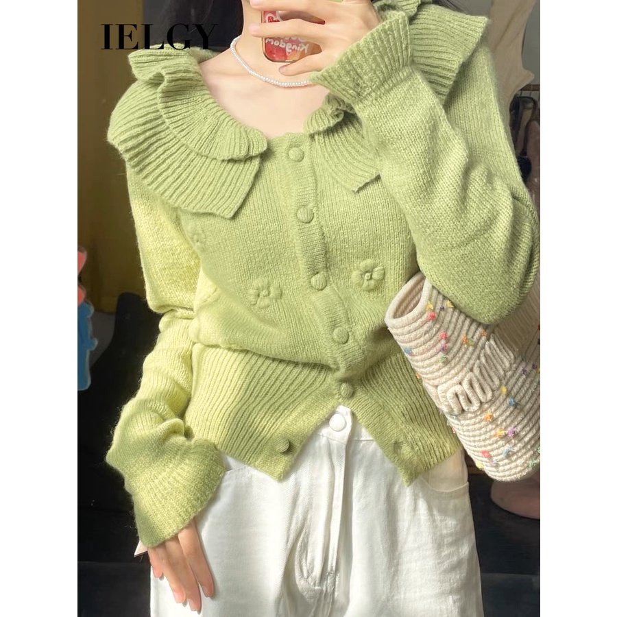 Ielgy Áo Khoác cardigan Dệt Kim Cổ Lá Sen Màu Trơn Phong Cách Hàn Quốc Thanh Lịch Dành Cho Nữ