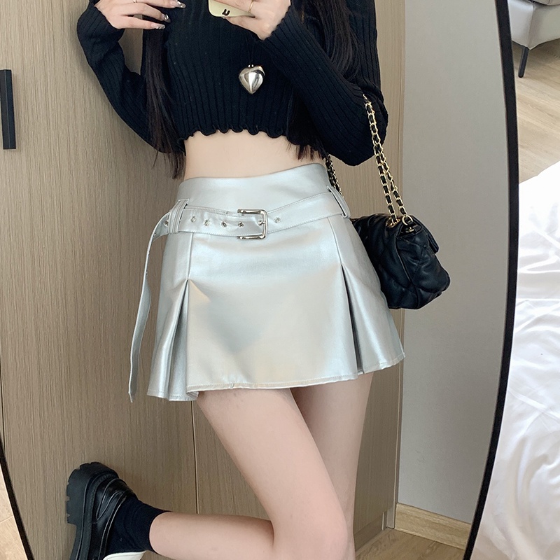 SUXI Chân Váy Chữ a Da pu Ngắn Lưng Cao Màu Trơn Gợi Cảm Cho Nữ