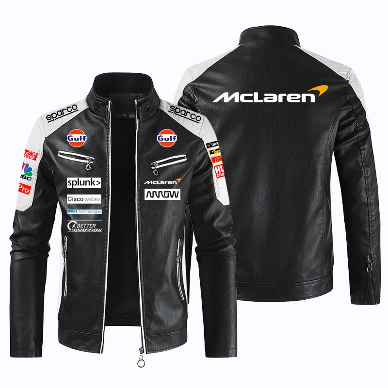 Nam PU Cao Cấp Nhẹ Sang Trọng Áo Khoác Da In Hình Logo Xe McLaren Logo Áo Khoác Logo Ô Tô Áo Khoác D
