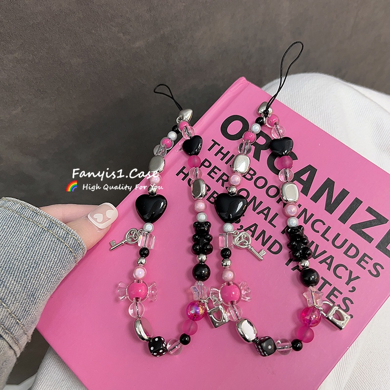 Dễ Thương Chuỗi Dây Xích Xỏ Hạt Màu Đen Kẹo Hình Trái Tim Trang Sức Tai Nghe Điện Thoại Di Động lane