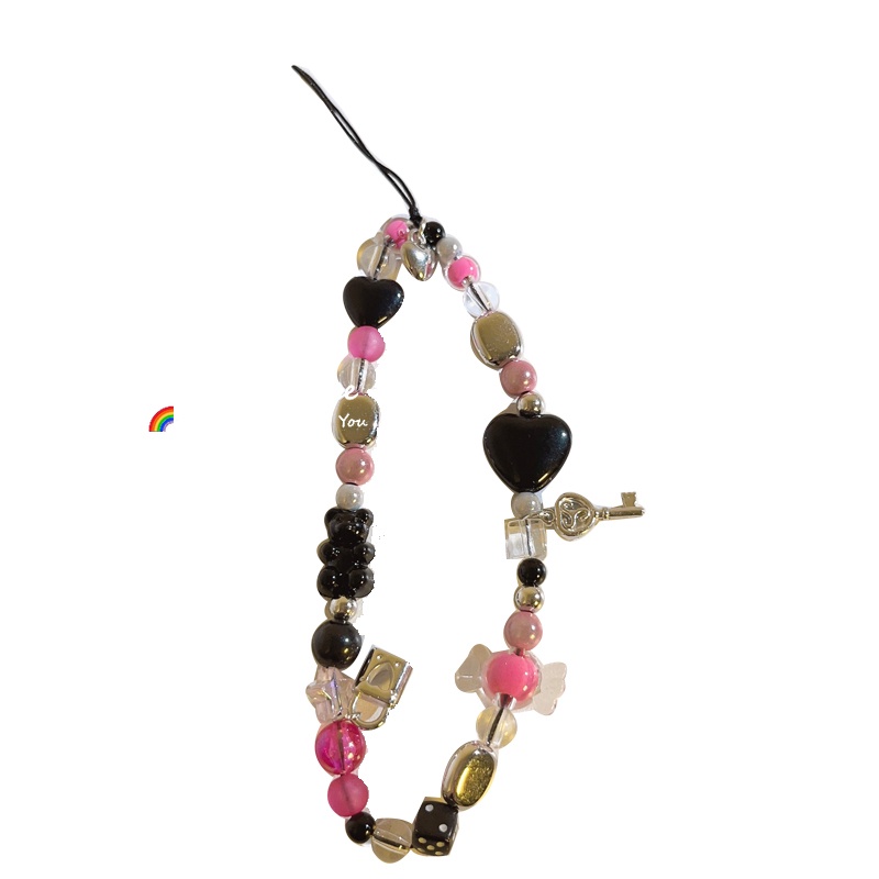 Dễ Thương Chuỗi Dây Xích Xỏ Hạt Màu Đen Kẹo Hình Trái Tim Trang Sức Tai Nghe Điện Thoại Di Động lane