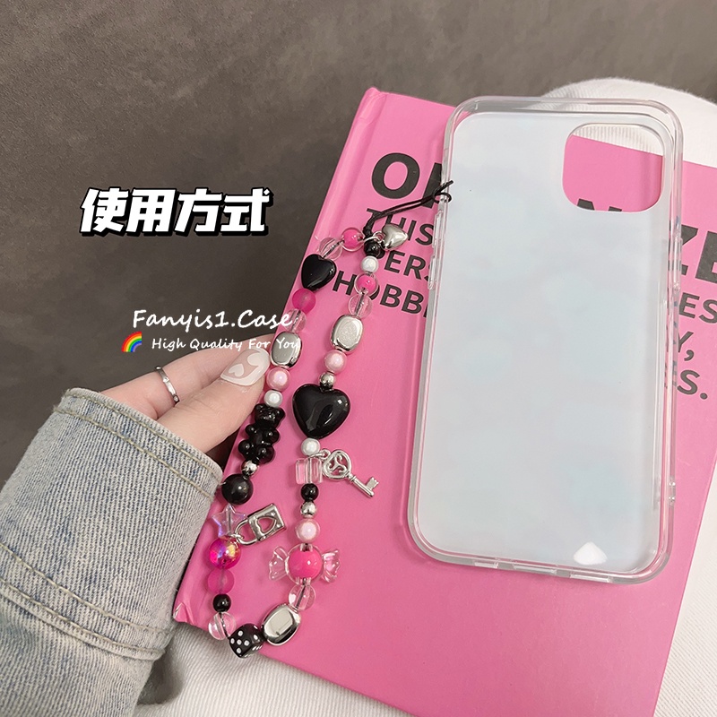 Dễ Thương Chuỗi Dây Xích Xỏ Hạt Màu Đen Kẹo Hình Trái Tim Trang Sức Tai Nghe Điện Thoại Di Động lane