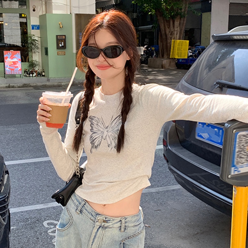 Áo Thun cotton Tay Dài Cổ Tròn Màu Trơn In Họa Tiết Phong Cách Mỹ Độc Đáo Thời Trang Mùa Thu Cho Nữ