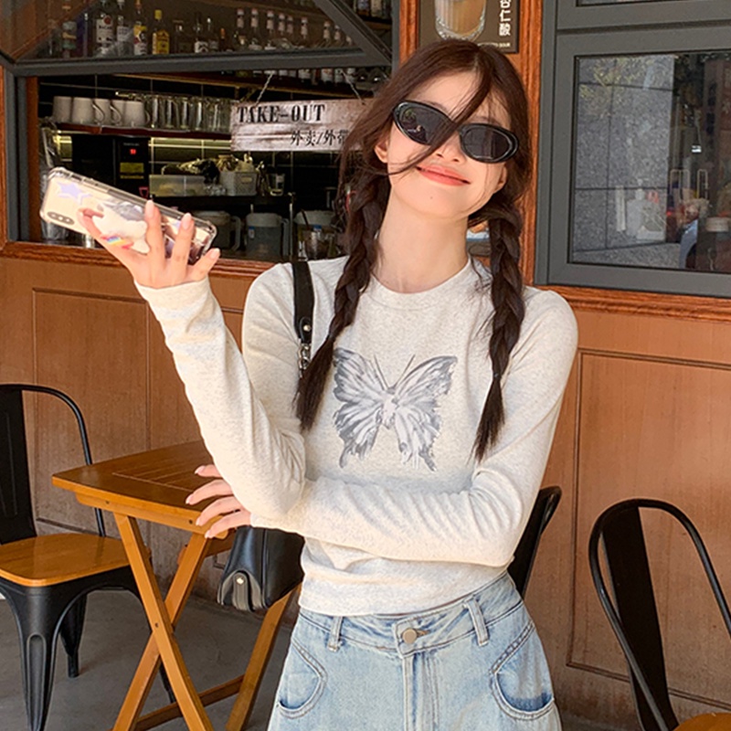 Áo Thun cotton Tay Dài Cổ Tròn Màu Trơn In Họa Tiết Phong Cách Mỹ Độc Đáo Thời Trang Mùa Thu Cho Nữ