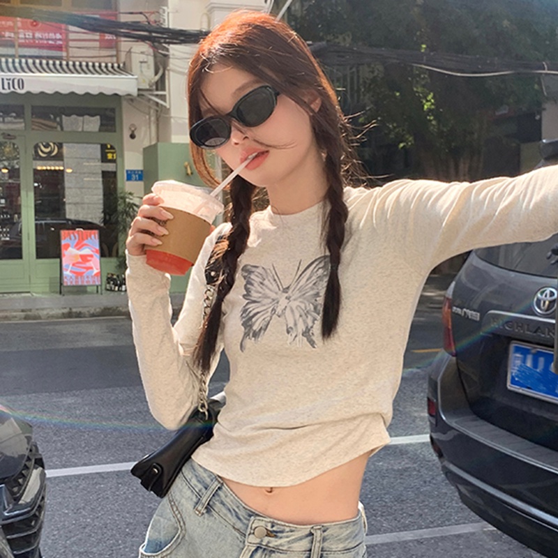 Áo Thun cotton Tay Dài Cổ Tròn Màu Trơn In Họa Tiết Phong Cách Mỹ Độc Đáo Thời Trang Mùa Thu Cho Nữ