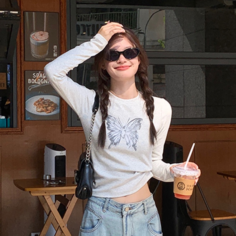 Áo Thun cotton Tay Dài Cổ Tròn Màu Trơn In Họa Tiết Phong Cách Mỹ Độc Đáo Thời Trang Mùa Thu Cho Nữ