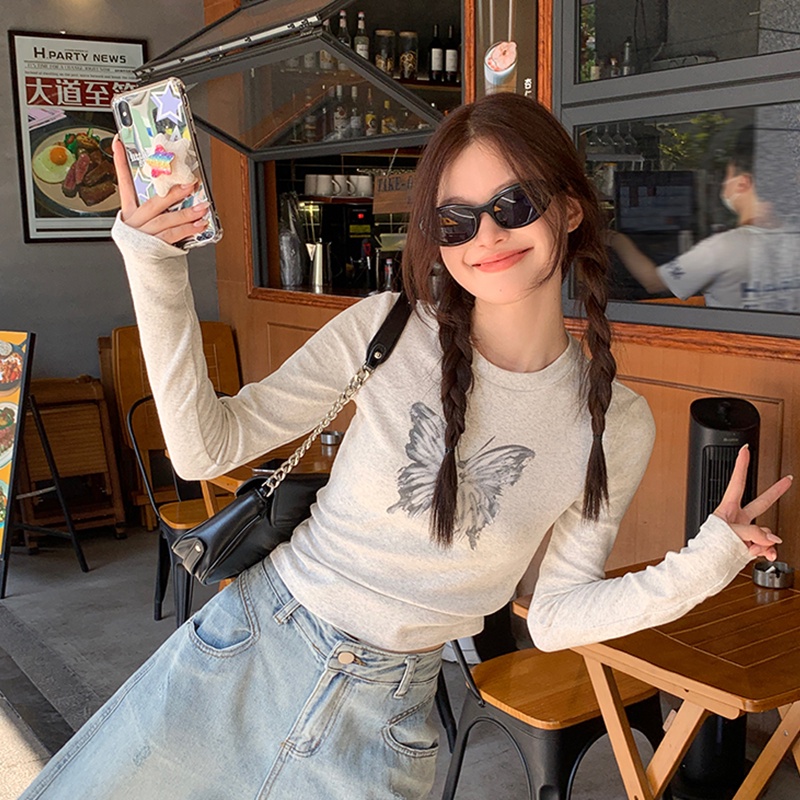 Áo Thun cotton Tay Dài Cổ Tròn Màu Trơn In Họa Tiết Phong Cách Mỹ Độc Đáo Thời Trang Mùa Thu Cho Nữ