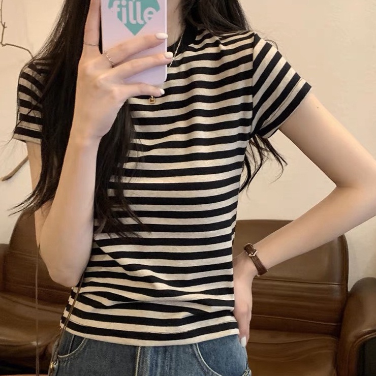 Áo thun baby tee nữ kẻ sọc xám tiêu 2 màu đen hồng vải cotton 100% co dãn 4 chiều Hascoo TK2