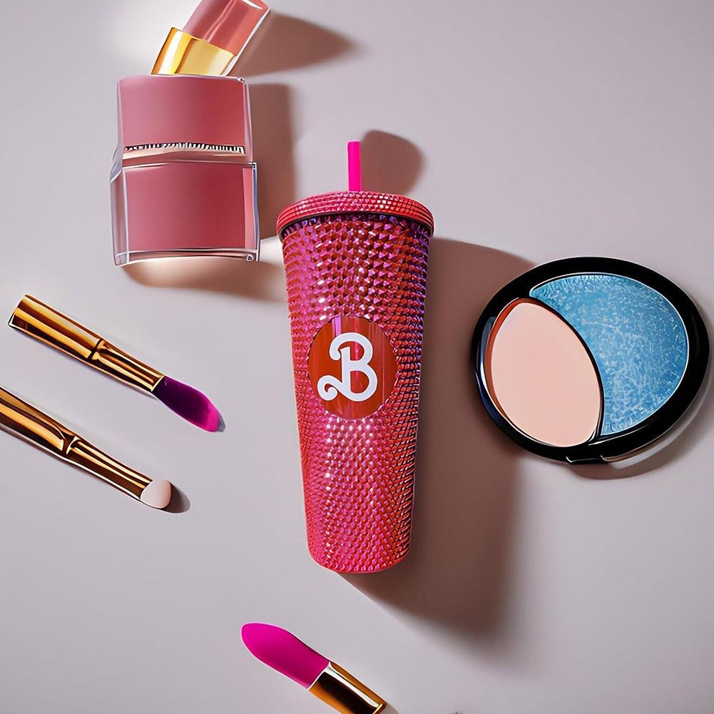 Bình Nước Màu Hồng Có Ống Hút Di Động Phong Cách Búp Bê Barbie Mới