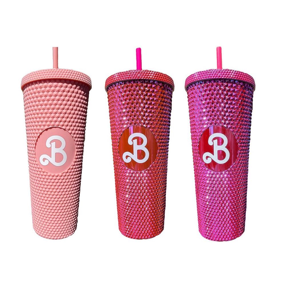 Bình Nước Màu Hồng Có Ống Hút Di Động Phong Cách Búp Bê Barbie Mới